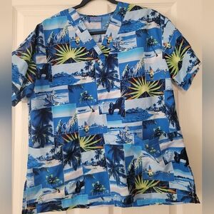 Naupaka Hawaii Short Sleeve Nurse Scrubs Blue Tropical Hawaiian Medium